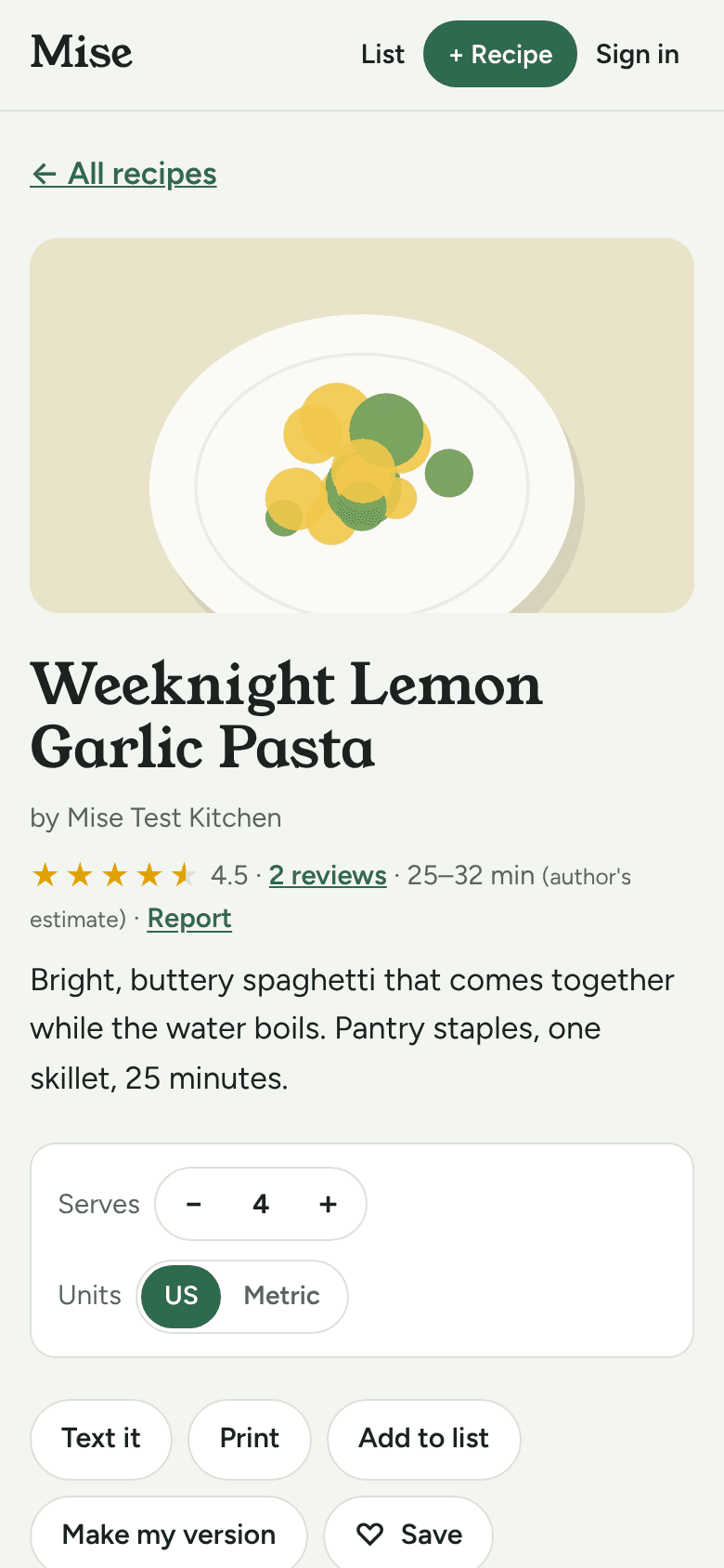 A Mise recipe on a phone: the dish, the time it takes, servings and the ingredients